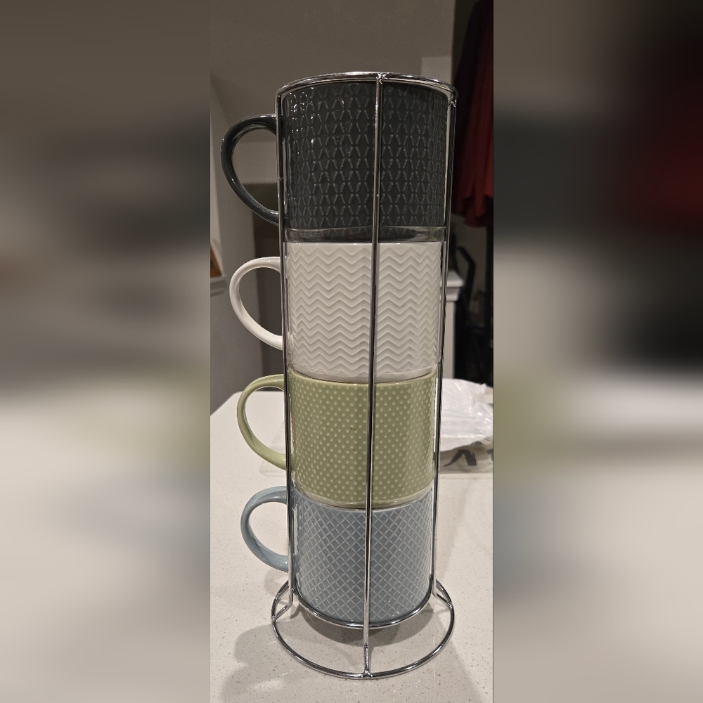 Stackable Ceramic Mug Set with Stand - Gray, White, Green